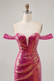 Sparkly Fuchsia Off The Shoulder Bodycon Sequins Homecoming Dress