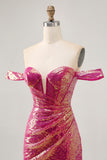 Sparkly Fuchsia Off The Shoulder Bodycon Sequins Homecoming Dress