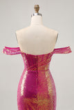 Sparkly Fuchsia Off The Shoulder Bodycon Sequins Homecoming Dress
