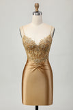 Golden Tight Satin Short Appliqued Homecoming Dress with Lace Up Back