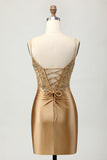 Golden Tight Satin Short Appliqued Homecoming Dress with Lace Up Back