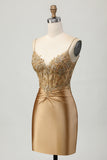 Golden Tight Satin Short Appliqued Homecoming Dress with Lace Up Back