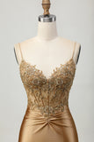 Golden Tight Satin Short Appliqued Homecoming Dress with Lace Up Back