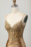 Golden Tight Satin Short Appliqued Homecoming Dress with Lace Up Back