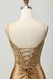 Golden Tight Satin Short Appliqued Homecoming Dress with Lace Up Back
