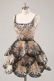 Sparkly Black Apricot A Line Tiered Short Homecoming Dress with Sequins
