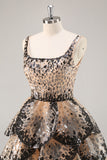 Sparkly Black Apricot A Line Tiered Short Homecoming Dress with Sequins