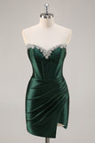 Dark Green Bodycon Strapless Corset Ruched Satin Homecoming Dress with Slit