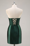 Dark Green Bodycon Strapless Corset Ruched Satin Homecoming Dress with Slit