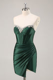 Dark Green Bodycon Strapless Corset Ruched Satin Homecoming Dress with Slit