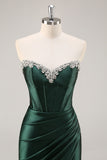 Dark Green Bodycon Strapless Corset Ruched Satin Homecoming Dress with Slit