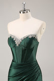 Dark Green Bodycon Strapless Corset Ruched Satin Homecoming Dress with Slit