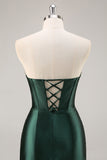 Dark Green Bodycon Strapless Corset Ruched Satin Homecoming Dress with Slit