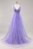 Sparkly Purple A Line V Neck Tulle Long Prom Dress With Beading