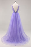 Sparkly Purple A Line V Neck Tulle Long Prom Dress With Beading