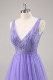 Sparkly Purple A Line V Neck Tulle Long Prom Dress With Beading