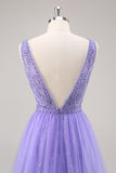 Sparkly Purple A Line V Neck Tulle Long Prom Dress With Beading