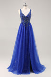 Sparkly Royal Blue A-Line V Neck Beaded Tulle Long Prom Dress with Slit