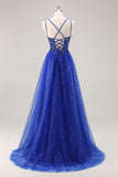 Sparkly Royal Blue A-Line V Neck Beaded Tulle Long Prom Dress with Slit