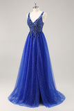 Sparkly Royal Blue A-Line V Neck Beaded Tulle Long Prom Dress with Slit