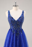 Sparkly Royal Blue A-Line V Neck Beaded Tulle Long Prom Dress with Slit