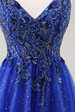 Sparkly Royal Blue A-Line V Neck Beaded Tulle Long Prom Dress with Slit