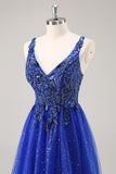 Sparkly Royal Blue A-Line V Neck Beaded Tulle Long Prom Dress with Slit