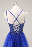 Sparkly Royal Blue A-Line V Neck Beaded Tulle Long Prom Dress with Slit