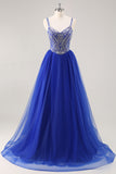 Sparkly Royal Blue A Line Spaghetti Straps Beaded Long Prom Dress