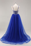 Sparkly Royal Blue A Line Spaghetti Straps Beaded Long Prom Dress