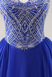 Sparkly Royal Blue A Line Spaghetti Straps Beaded Long Prom Dress