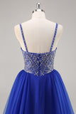 Sparkly Royal Blue A Line Spaghetti Straps Beaded Long Prom Dress