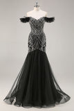Black Mermaid Off The Shoulder Tulle Sequins Prom Dress With Beading