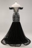 Black Mermaid Off The Shoulder Tulle Sequins Prom Dress With Beading