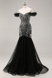 Black Mermaid Off The Shoulder Tulle Sequins Prom Dress With Beading