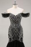 Black Mermaid Off The Shoulder Tulle Sequins Prom Dress With Beading