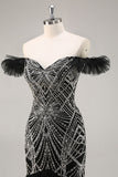 Black Mermaid Off The Shoulder Tulle Sequins Prom Dress With Beading