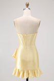 Yellow Bodycon Strapless Corset Beaded Short Homecoming Dress with Ruffles