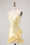 Yellow Bodycon Strapless Corset Beaded Short Homecoming Dress with Ruffles