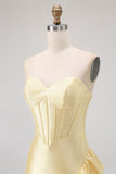 Yellow Bodycon Strapless Corset Beaded Short Homecoming Dress with Ruffles