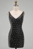 Pearl Bodycon V Neck Black Homecoming Dress with Beading