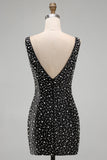 Pearl Bodycon V Neck Black Homecoming Dress with Beading