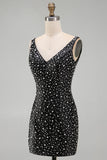 Pearl Bodycon V Neck Black Homecoming Dress with Beading