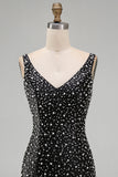 Pearl Bodycon V Neck Black Homecoming Dress with Beading