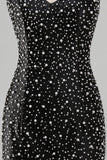 Pearl Bodycon V Neck Black Homecoming Dress with Beading