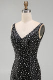 Pearl Bodycon V Neck Black Homecoming Dress with Beading