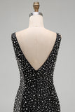 Pearl Bodycon V Neck Black Homecoming Dress with Beading