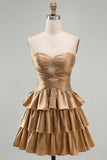 Navy A Line Strapless Tiered Cut Out Short Homecoming Dress with Beading