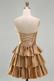 Navy A Line Strapless Tiered Cut Out Short Homecoming Dress with Beading