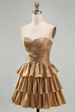 Navy A Line Strapless Tiered Cut Out Short Homecoming Dress with Beading